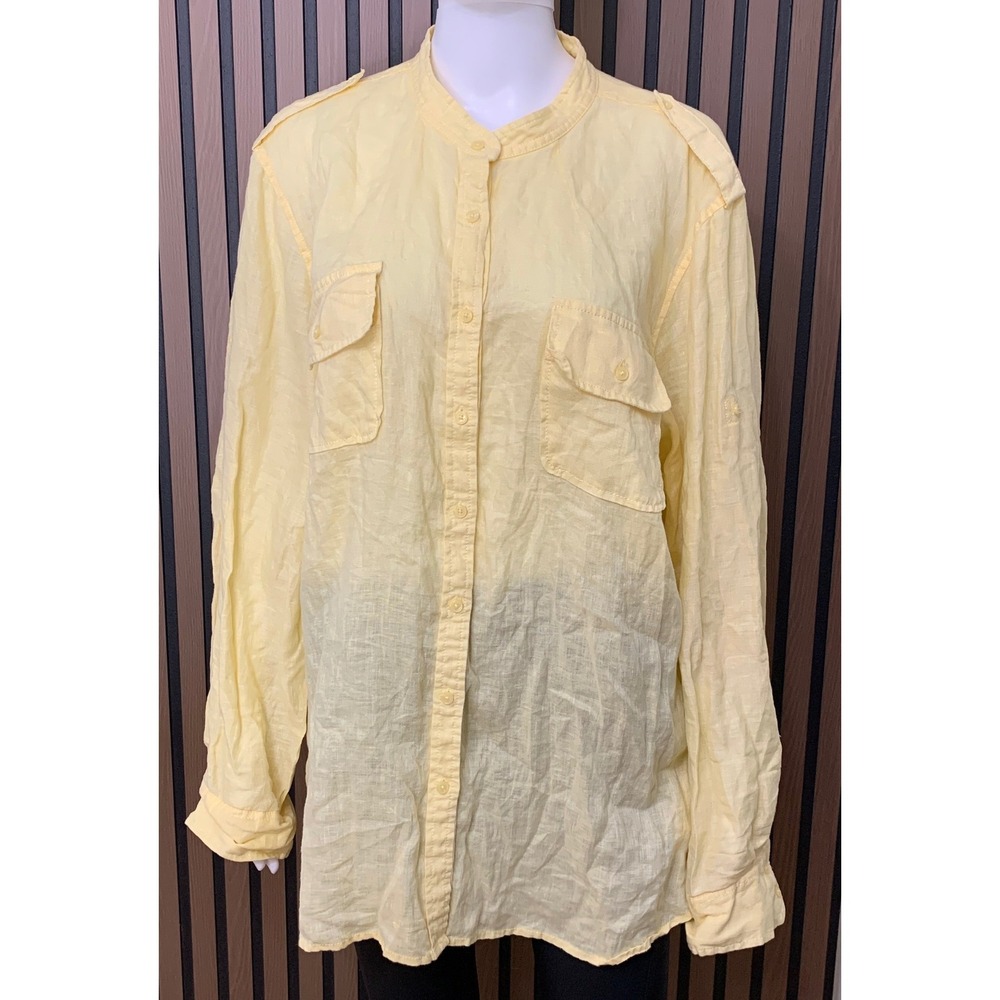 Tommy Hilfiger Yellow 100% Linen Band Collar Button Down Utility Shirt Size 22